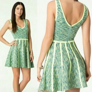 Bebe Space Dye Fit Flare Dress Sleeveless Bold Stretch VNeck S Green Neon Yellow